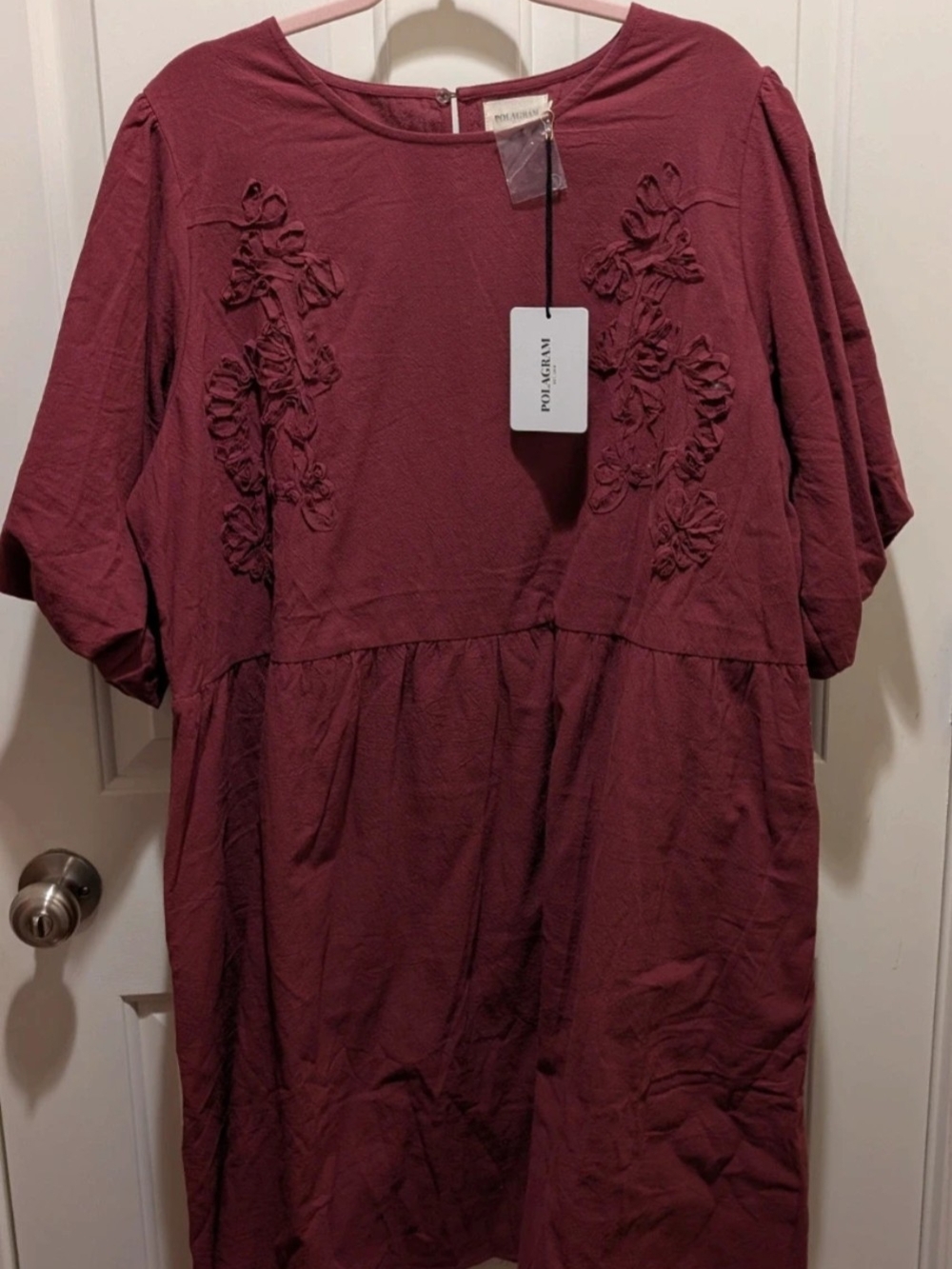 Polagram Wine Red Short Sleeve Textured Dress